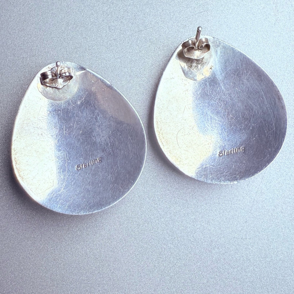 Native American Navajo Turquoise Inlay Large Pierced Sterling Silver Earrings - Picture 3 of 5